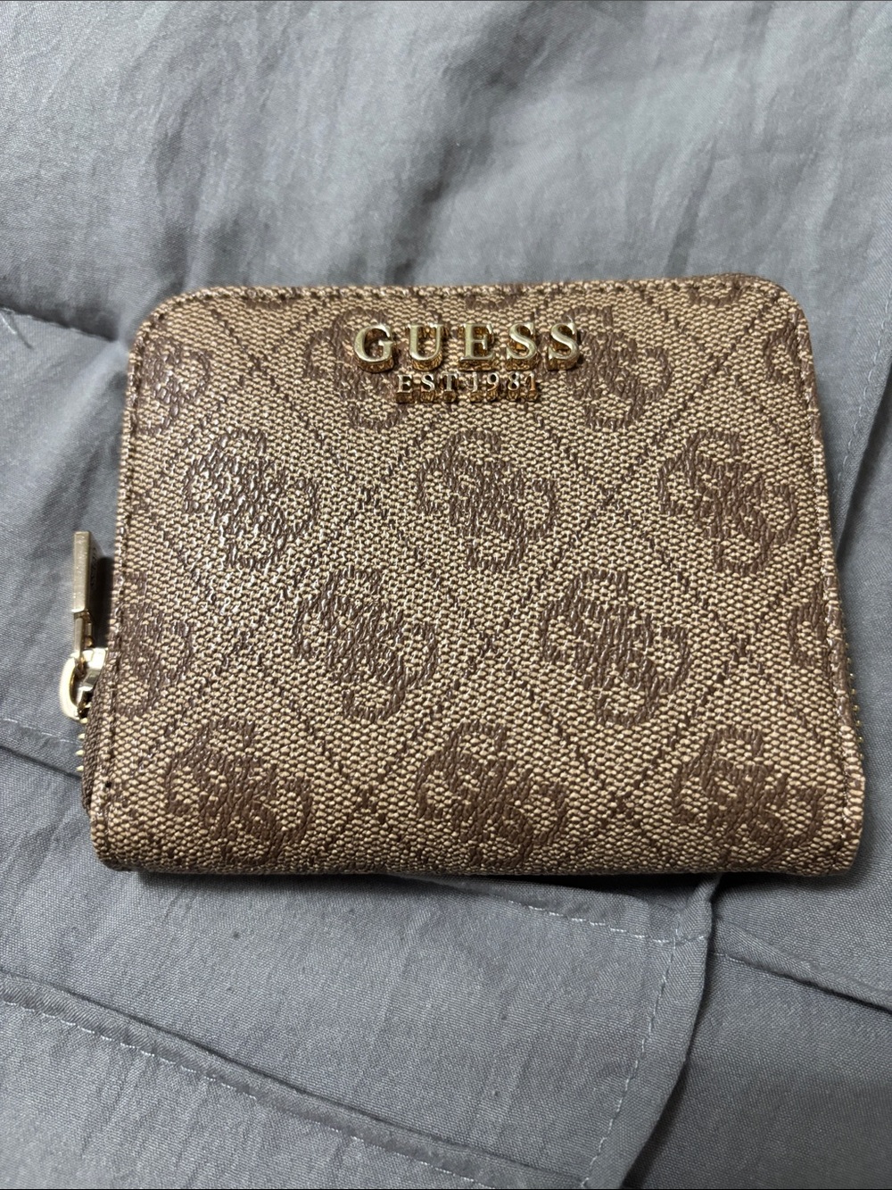 GUESS Brown Signature Monogram Zip Wallet with Gold Logo